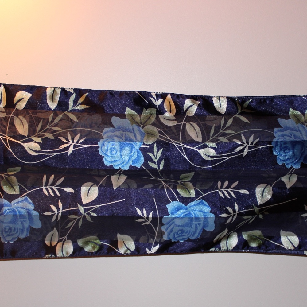 Vintage Navy Blue Floral Rose Print Rectangular Long Satin Scarf